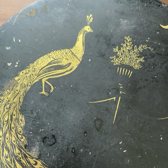 Vintage 1920-30s Round Tindeco Metal Tin Gold Peacock on Black 6” - Picture 9 of 14